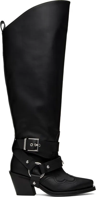 GANNI BLACK HIGH SHAFT EMBROIDERED WESTERN TALL BOOTS