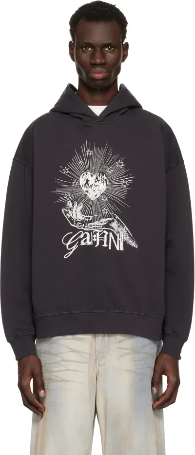 Ganni Black Isoli Heart Oversized Hoodie In Phantom