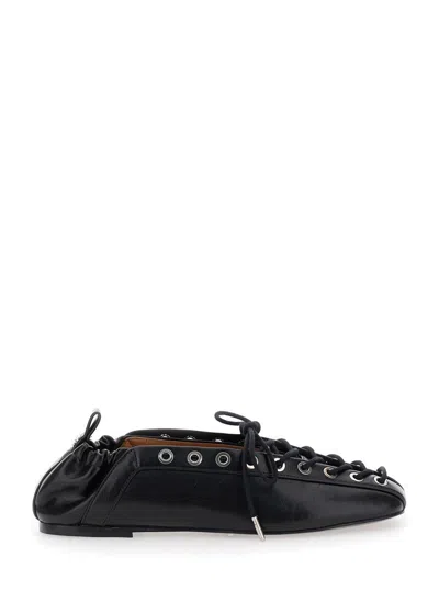 Ganni Black Lace-up Ballerinas With Metal Eyelets And Elasticized Ankle