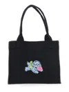 Ganni Black Large Black Shopper With Double Handles And Front Decoration In Cotton Woman In Black