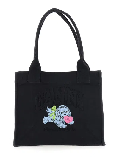 GANNI BLACK LARGE BLACK SHOPPER WITH DOUBLE HANDLES AND FRONT DECORATION IN COTTON WOMAN
