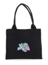 Ganni Black Large Black Shopper With Double Handles And Front Decoration In Cotton Woman In Black