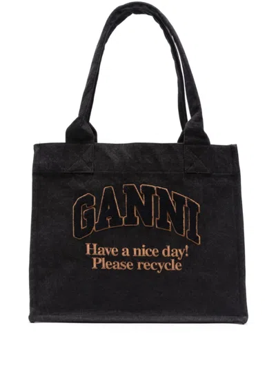 GANNI BLACK LARGE DENIM TOTE BAG