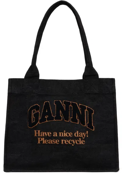 GANNI BLACK LARGE EASY DENIM SHOPPER TOTE