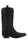 Ganni Black Mid Shaft Embroidered Western Boots In Black/black