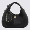 Ganni Black Leather Hobo Mini Grained Top Handle Bag In Black