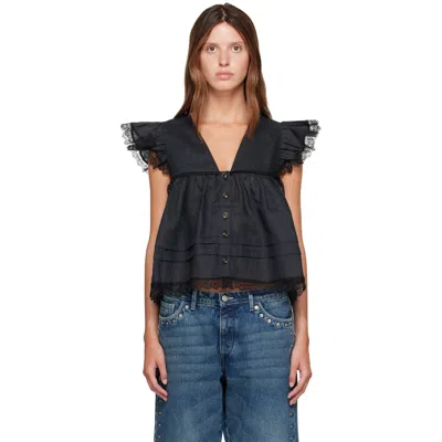 Ganni Black Linen Blouse In 099 Black