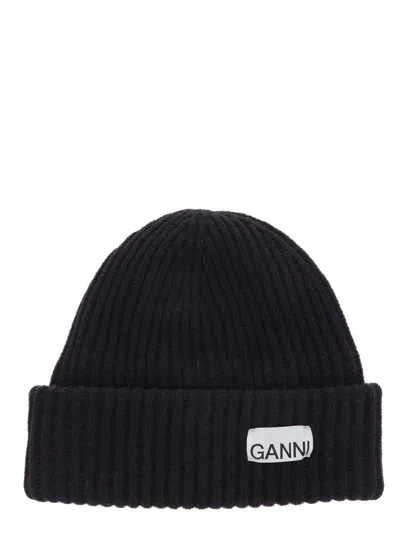 Ganni Black Logo Beanie