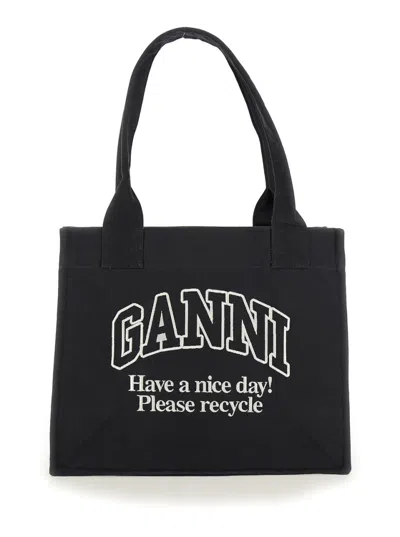GANNI BLACK LOGO EMBROIDERED CANVAS TOTE BAG