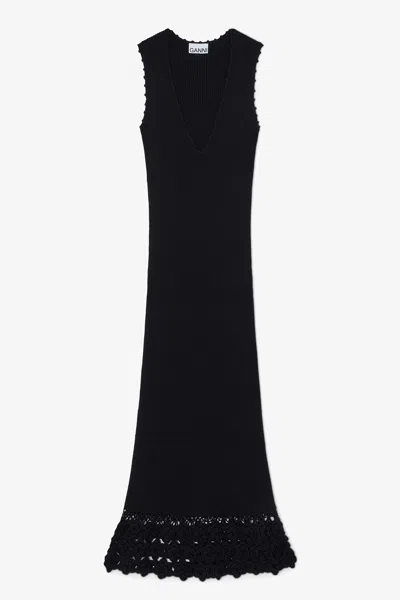 Ganni Black Long Dress In Blue
