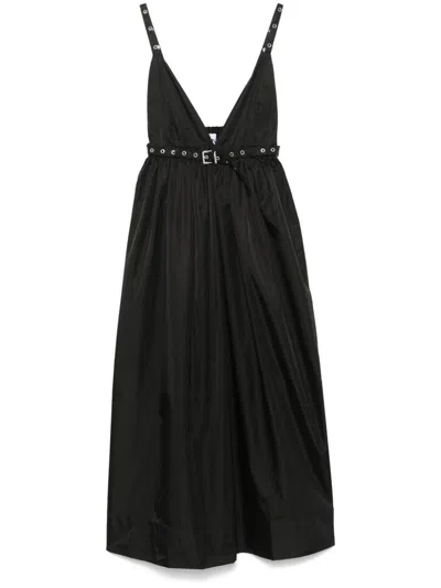 Ganni Black Long Dress With A V-neck Embellished With Studs