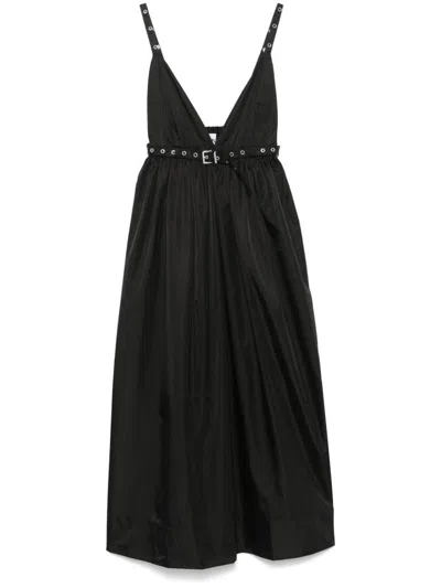 Ganni Black Long Dress With A V-neck Embellished With Studs