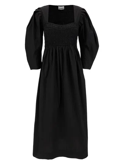 Ganni Black Black Maxi Dress With Balloon Sleeves In Cotton Woman