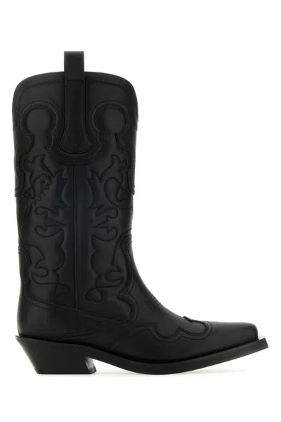 GANNI BLACK MID SHAFT EMBROIDERED BOOT