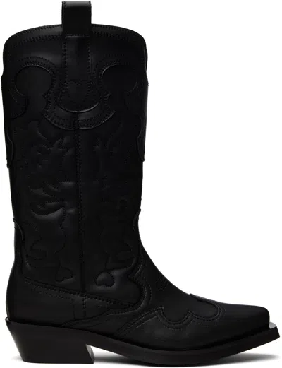 Ganni Embroidered Leather Cowboy Boots In Black