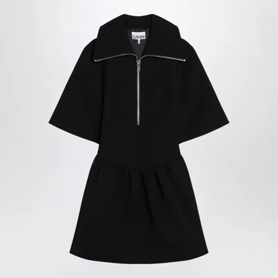 Ganni Mini Dress With Gathered Waist And Short Sleeves In Black