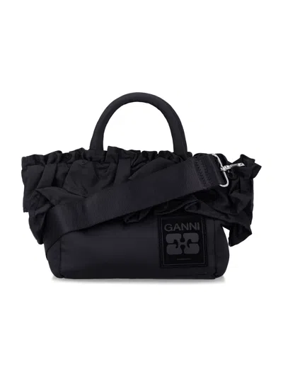 Ganni Black Nylon Ruffled Top Handle Bag