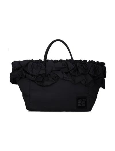 Ganni Black Nylon Ruffled Xxl Shopper Bag