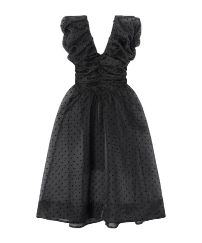 Ganni Ruched Flocked Polka-dot Recycled Organza Midi Dress In Black