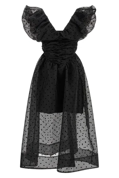 Ganni Ruched Flocked Polka-dot Recycled Organza Midi Dress In Black
