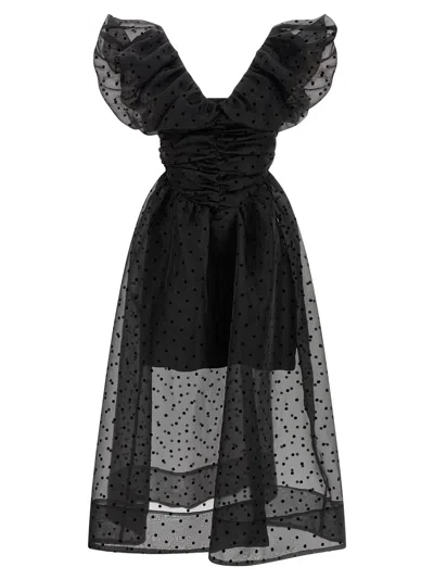 Ganni Ruched Flocked Polka-dot Recycled Organza Midi Dress In Black