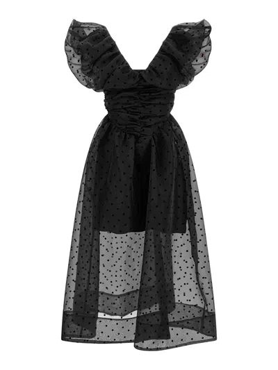Ganni Ruched Flocked Polka-dot Recycled Organza Midi Dress In Black