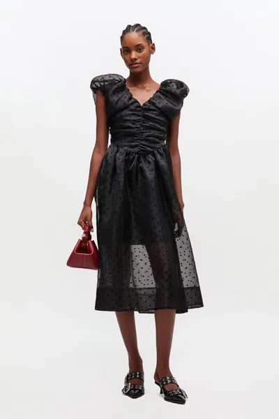 Ganni Ruched Flocked Polka-dot Recycled Organza Midi Dress In Black