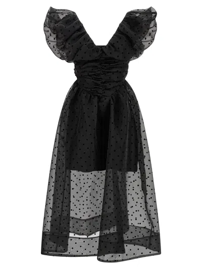 Ganni Ruched Flocked Polka-dot Recycled Organza Midi Dress In Black