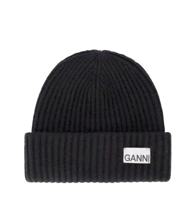 Ganni Black Oversize Ribbed Beanie