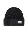 Ganni Womens Black Logo-patch Wool-blend Beanie Hat In Black