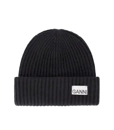 GANNI GANNI BLACK OVERSIZE RIBBED BEANIE