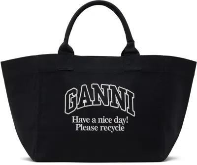 Ganni Black Oversized Canvas Tote In Phantom