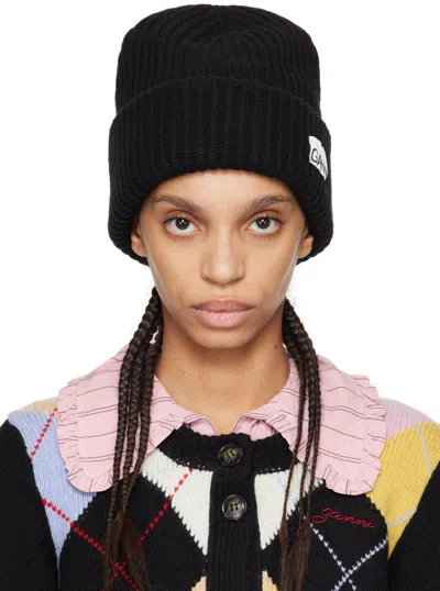 Ganni Black Oversized Wool Rib Knit Beanie In 099 Black