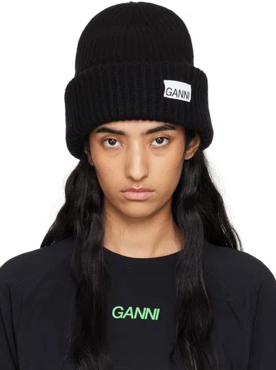 Ganni Black Oversized Wool Rib Knit Beanie In 099 Black