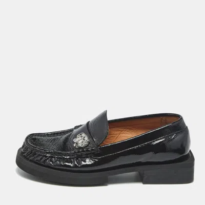 Ganni Black Patent Leather Crystal Embellished Slip On Loafers