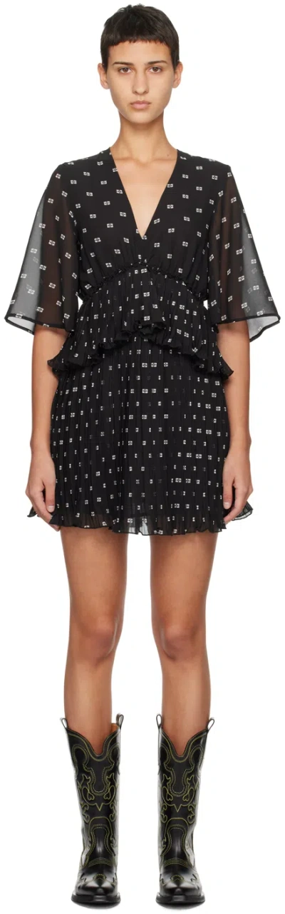 Ganni Pleated Georgette V-neck Flounce Mini Dress In Black