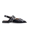 Ganni Pointed Toe Black Ballerinas With Eyelet-accented Buckle Detail In Black
