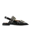 Ganni Buckle Ballerina Crocodile-effect Slingback Flats In Black