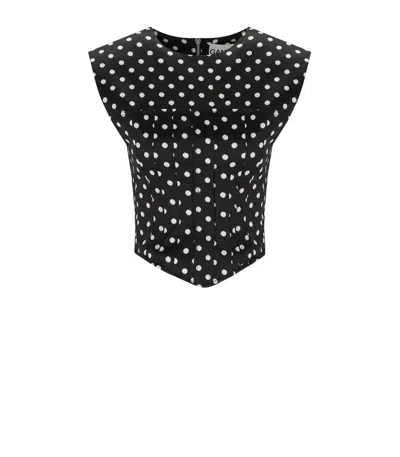Ganni Womens Black Padded-shoulder Polka-dot Satin Corset Top