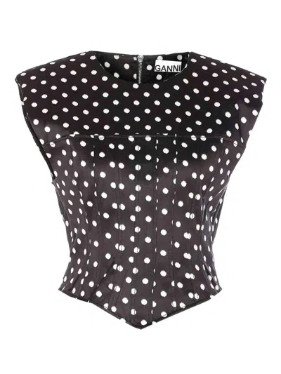 Ganni Womens Black Padded-shoulder Polka-dot Satin Corset Top