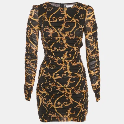 Pre-owned Ganni Black Printed Jersey Ruched Bodycon Mini Dress Xs