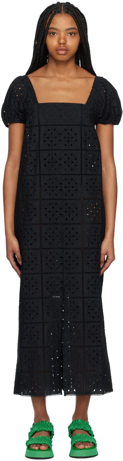Ganni Short Sleeve Broderie Anglaise Midi Dress In Black