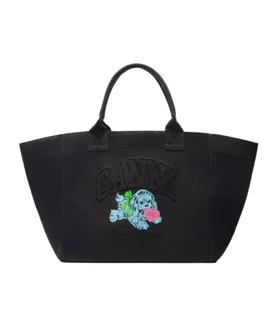 Ganni Black Puppy Xxl Canvas Tote Bag