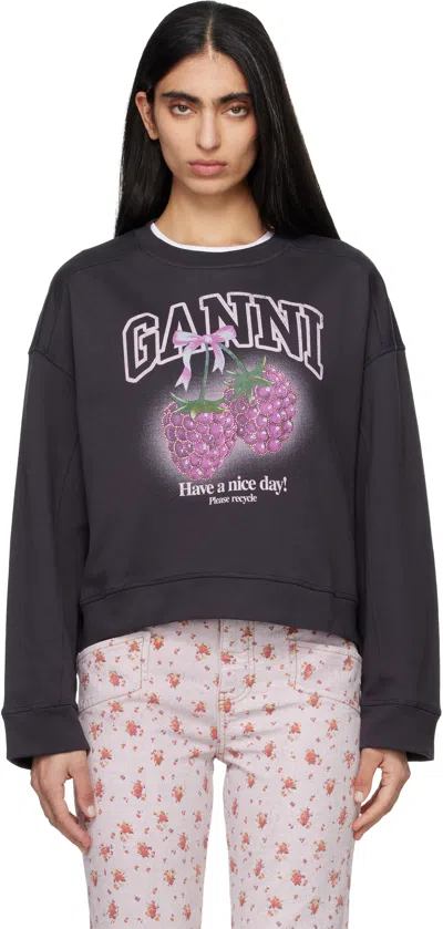 Ganni Black Raspberries Crewneck Sweatshirt