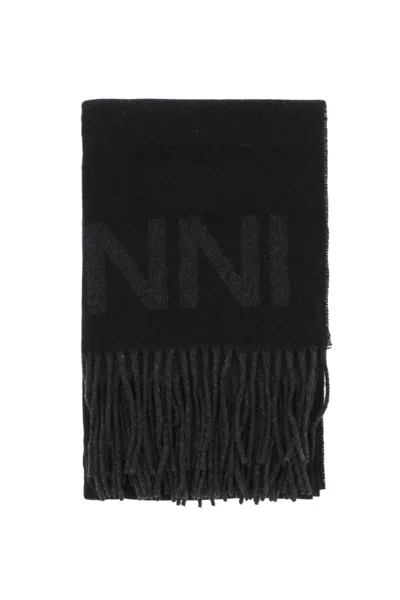 GANNI BLACK RECYCLED WOOL SCARF