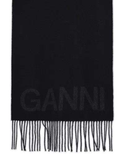 GANNI GANNI BLACK RECYCLED WOOL SCARF WOMEN