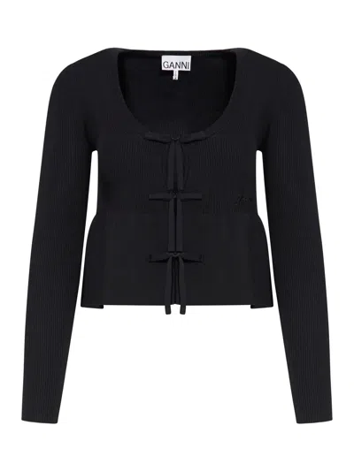 GANNI BLACK RIB KNIT TIE STRING CARDIGAN