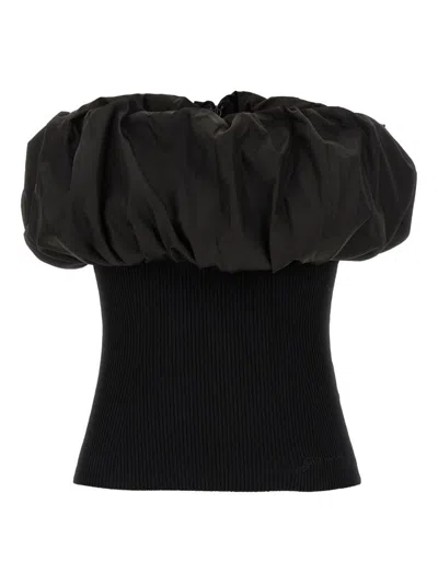 GANNI GANNI BLACK RIBBED KNIT TOP WITH OFF-SHOULDER DESIGN