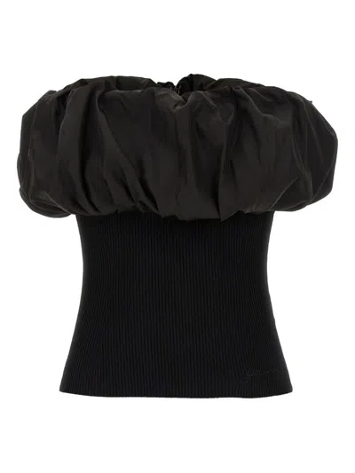 GANNI BLACK RIBBED KNIT TOP WITH OFF-SHOULDER DESIGN