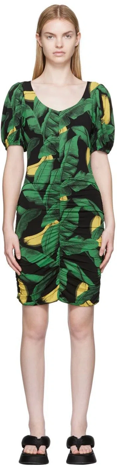 Ganni Printed Drapey Jersey Mini Dress In Black